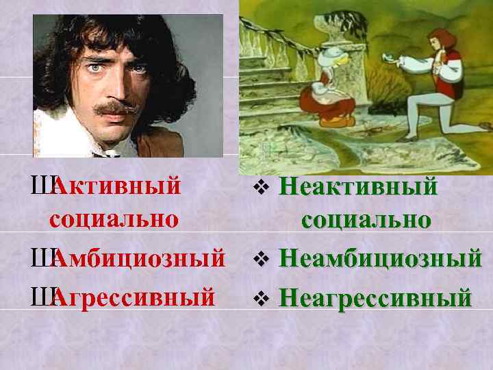 А Ш Активный социально Ш Амбициозный Ш Агрессивный Б v Неактивный социально v Неамбициозный