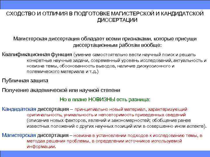 СХОДСТВО И ОТЛИЧИЯ В ПОДГОТОВКЕ МАГИСТЕРСКОЙ И КАНДИДАТСКОЙ ДИССЕРТАЦИИ Магистерская диссертация обладает всеми признаками,