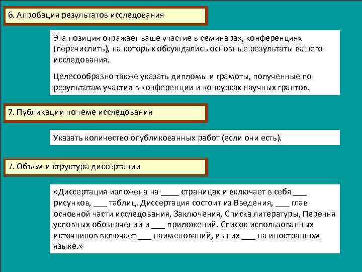 6. Апробация результатов исследования Эта позиция отражает ваше участие в семинарах, конференциях (перечислить), на