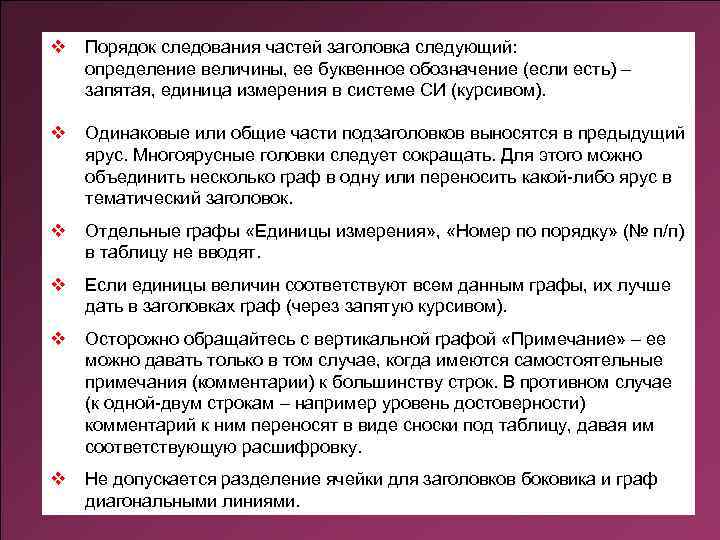 v Порядок следования частей заголовка следующий: определение величины, ее буквенное обозначение (если есть) –