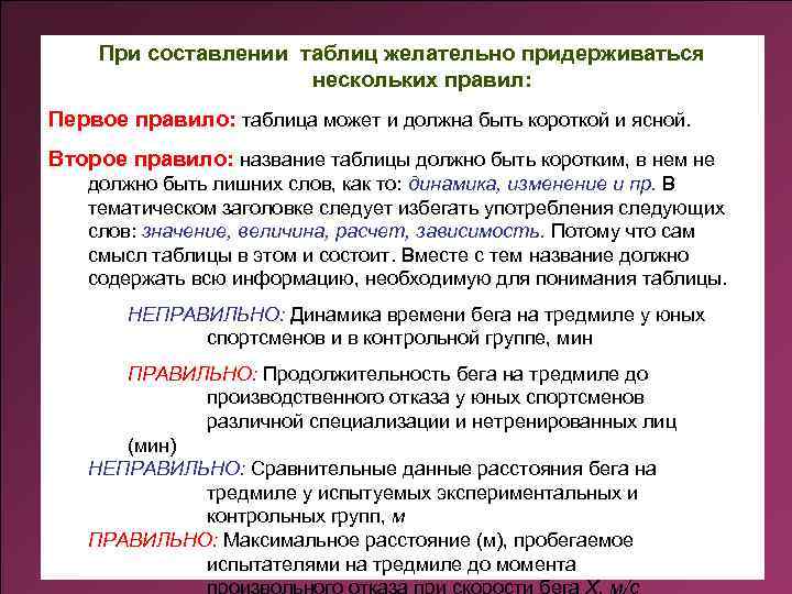 При составлении таблиц желательно придерживаться нескольких правил: Первое правило: таблица может и должна быть