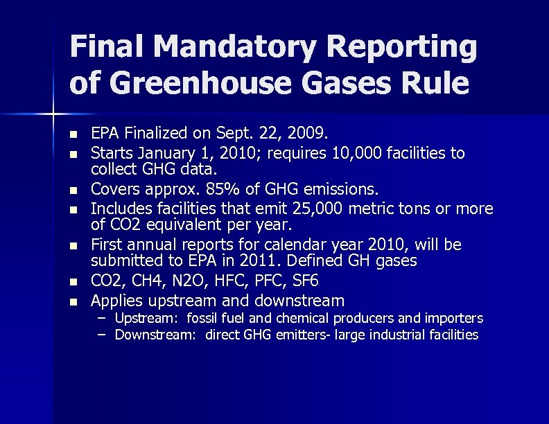 Final Mandatory Reporting of Greenhouse Gases Rule n n n n EPA Finalized on
