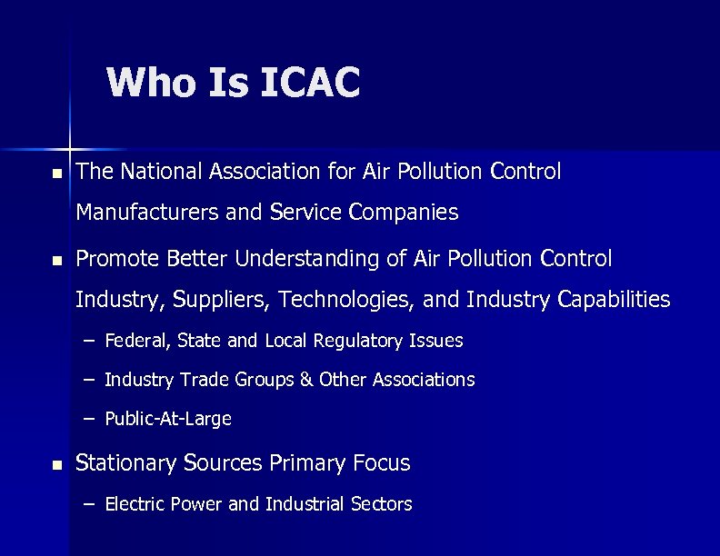 Who Is ICAC n The National Association for Air Pollution Control Manufacturers and Service