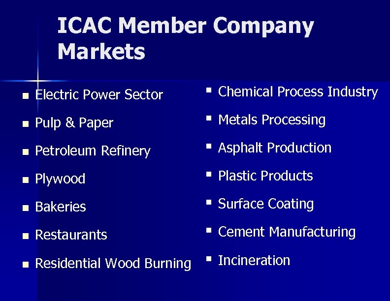 ICAC Member Company Markets n Electric Power Sector § Chemical Process Industry n Pulp