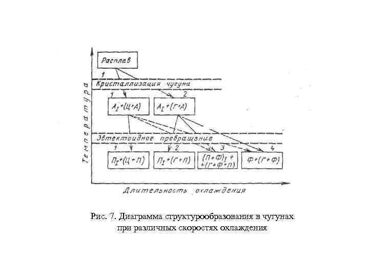 Рис. 7. Диаграмма структурообразования в чугунах при различных скоростях охлаждения 