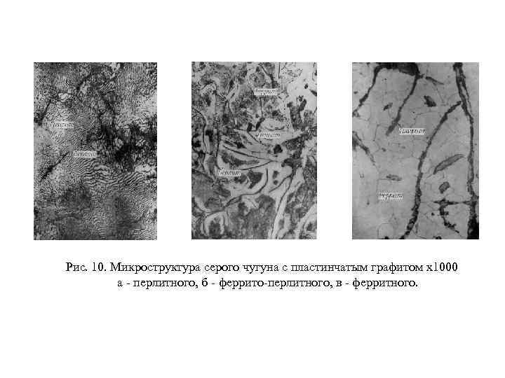  Рис. 10. Микроструктура серого чугуна с пластинчатым графитом х1000 а - перлитного, б