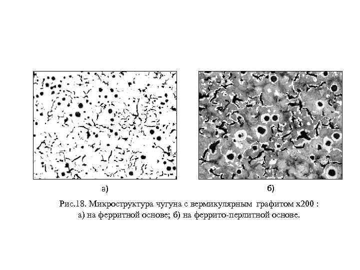 а) б) Рис. 18. Микроструктура чугуна с вермикулярным графитом х200 : а) на ферритной