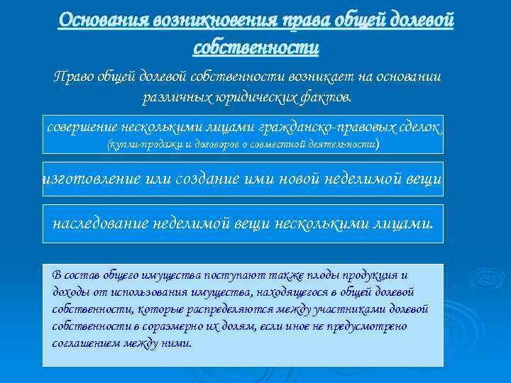 Основания возникновения права общей долевой собственности Право общей долевой собственности возникает на основании различных