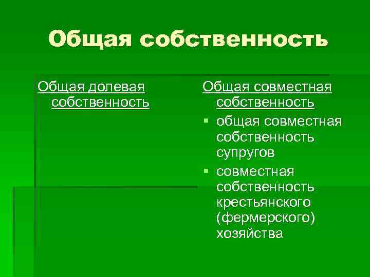 Общая собственность Общая долевая собственность Общая совместная собственность § общая совместная собственность супругов §