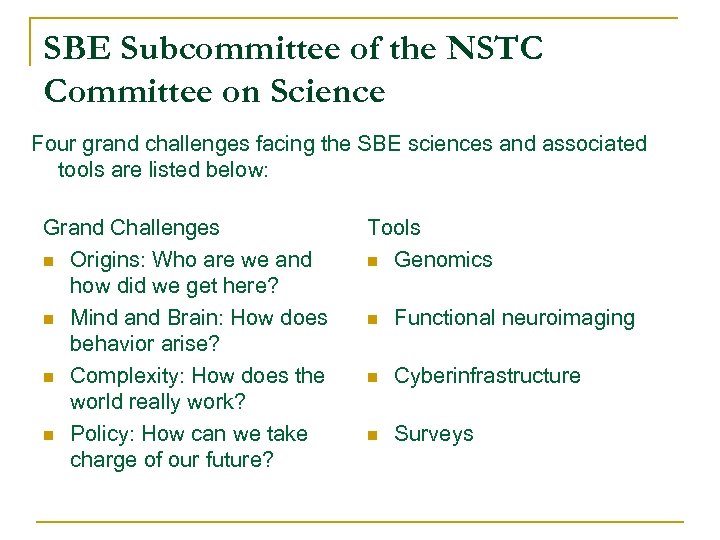 SBE Subcommittee of the NSTC Committee on Science Four grand challenges facing the SBE
