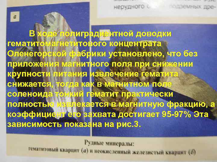 В ходе полиградиентной доводки гематитомагнетитового концентрата Оленегорской фабрики установлено, что без приложения магнитного поля