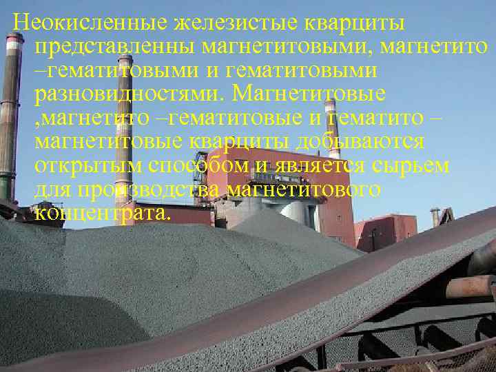 Неокисленные железистые кварциты представленны магнетитовыми, магнетито –гематитовыми и гематитовыми разновидностями. Магнетитовые , магнетито –гематитовые