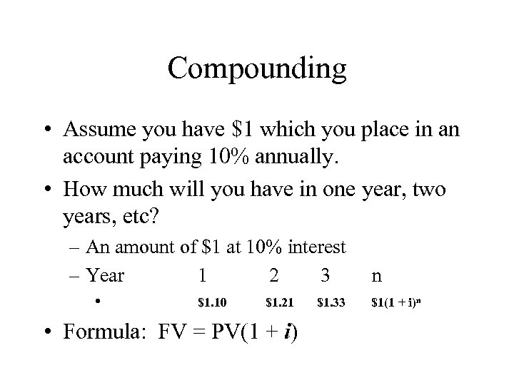 Compounding • Assume you have $1 which you place in an account paying 10%