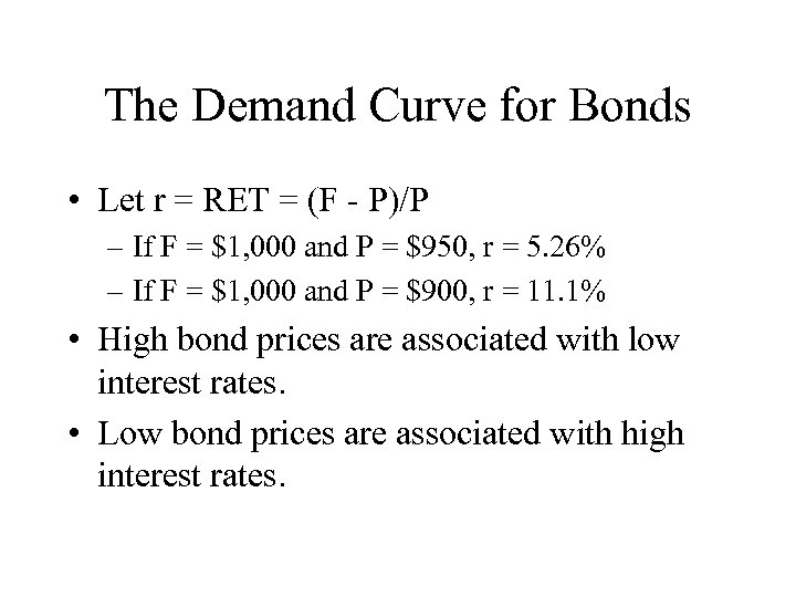 The Demand Curve for Bonds • Let r = RET = (F - P)/P
