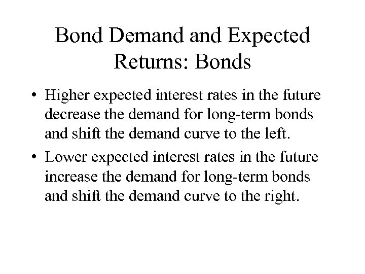 Bond Demand Expected Returns: Bonds • Higher expected interest rates in the future decrease