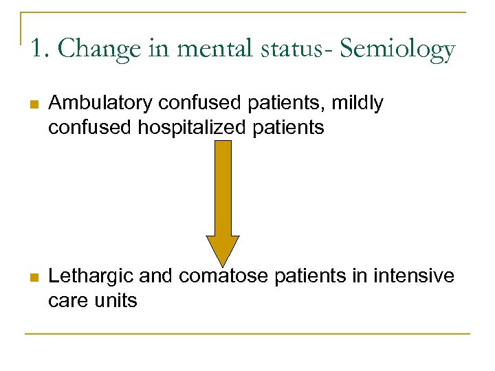 1. Change in mental status- Semiology n Ambulatory confused patients, mildly confused hospitalized patients