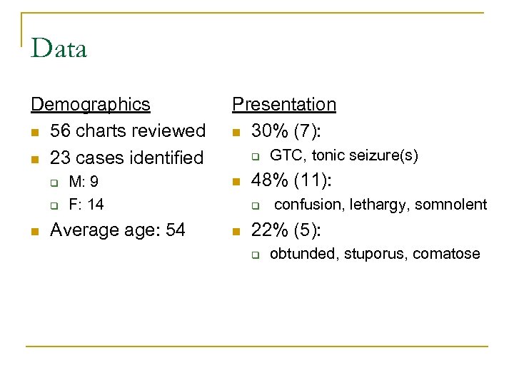 Data Demographics n 56 charts reviewed n 23 cases identified q q n M: