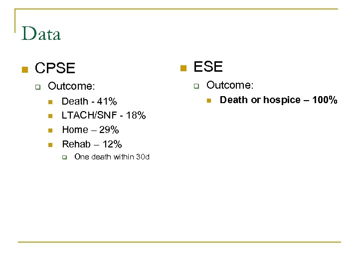 Data n CPSE q Outcome: n n Death - 41% LTACH/SNF - 18% Home