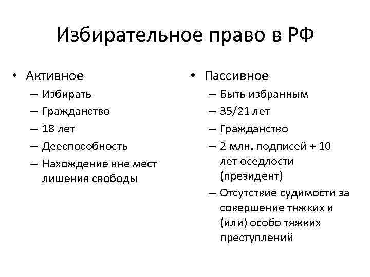 Избирательное право в РФ • Активное – – – Избирать Гражданство 18 лет Дееспособность