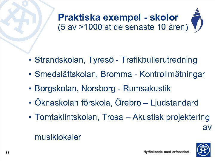 Praktiska exempel - skolor (5 av >1000 st de senaste 10 åren) • Strandskolan,