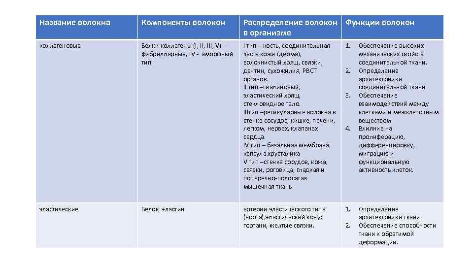 Название волокна Компоненты волокон Распределение волокон Функции волокон в организме коллагеновые Белки коллагены (I,