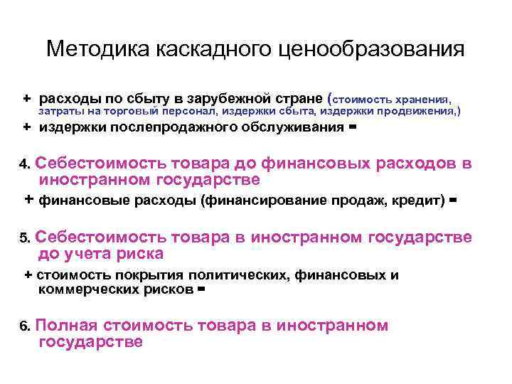 Методика каскадного ценообразования + расходы по сбыту в зарубежной стране (стоимость хранения, затраты на