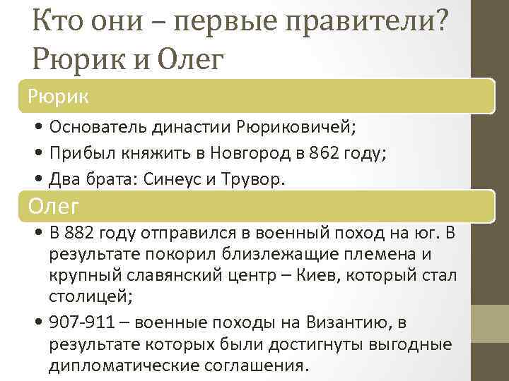Кто они – первые правители? Рюрик и Олег Рюрик • Основатель династии Рюриковичей; •