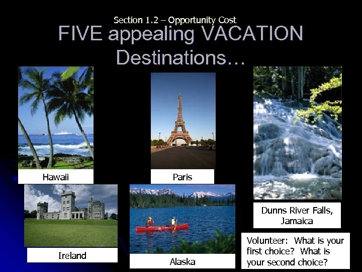 Section 1. 2 – Opportunity Cost FIVE appealing VACATION Destinations… Hawaii Paris Dunns River