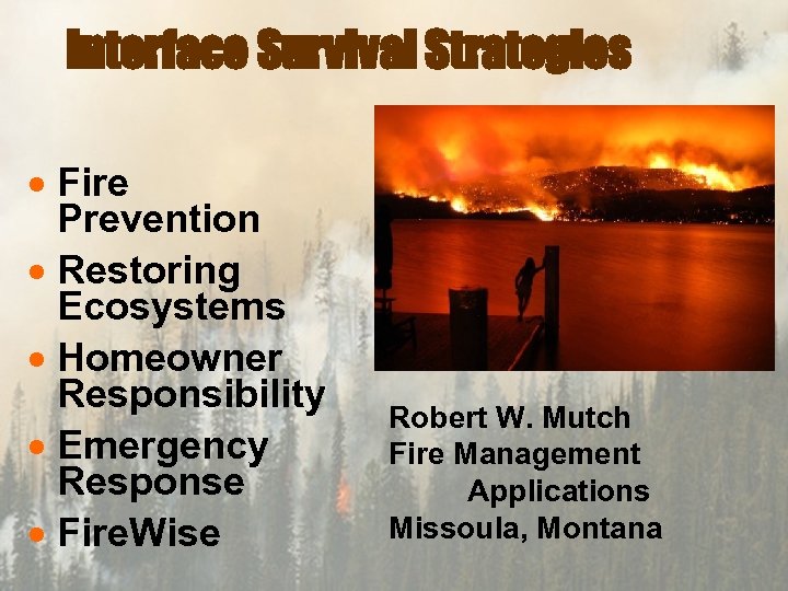 Interface Survival Strategies · Fire Prevention · Restoring Ecosystems · Homeowner Responsibility · Emergency
