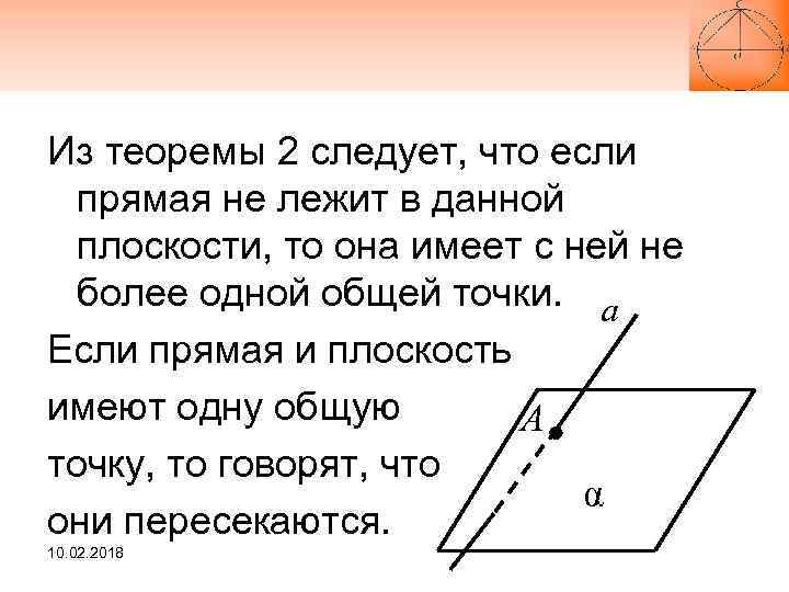 Из теоремы 2 следует, что если прямая не лежит в данной плоскости, то она
