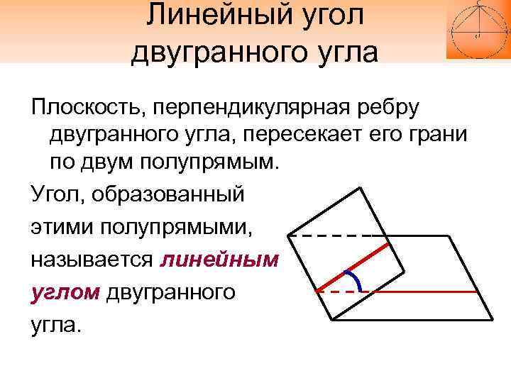 Линейный угол двугранного угла Плоскость, перпендикулярная ребру двугранного угла, пересекает его грани по двум