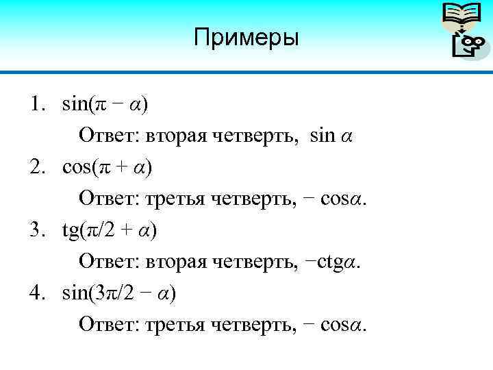 Примеры 1. sin(π − α) Ответ: вторая четверть, sin α 2. cos(π + α)