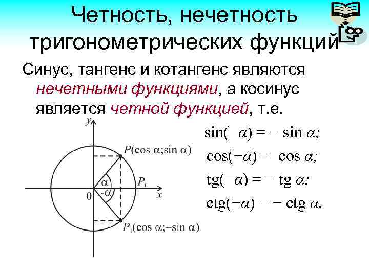 Формулы тригонометрические функции угла. Свойства аргументов тригонометрических функций. Синус косинус тангенс и котангенс числового аргумента. Честность ,нечестность триганомических функций. Синус тангенс и котангенс нечетные функции то есть sin -х.
