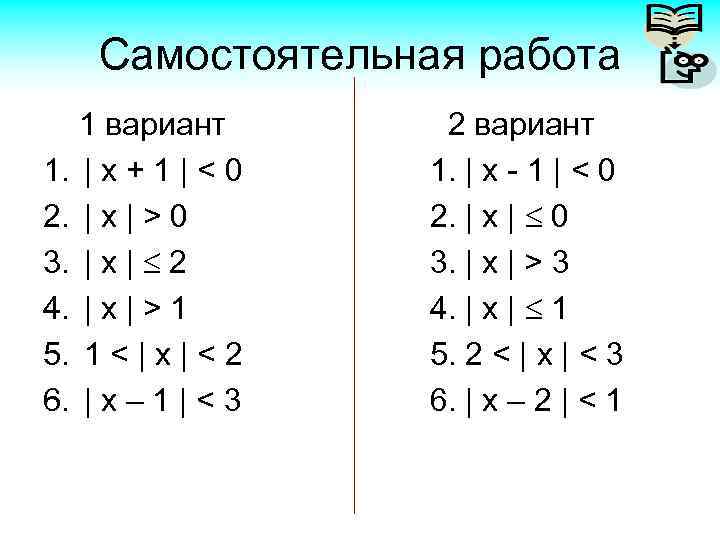 Самостоятельная работа 1 вариант 1. | x + 1 | < 0 2. |