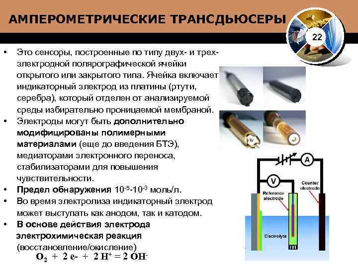 АМПЕРОМЕТРИЧЕСКИЕ ТРАНСДЬЮСЕРЫ 22 • • • Это сенсоры, построенные по типу двух- и трехэлектродной