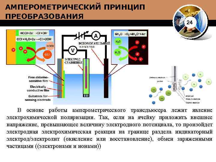 АМПЕРОМЕТРИЧЕСКИЙ ПРИНЦИП ПРЕОБРАЗОВАНИЯ 24 В основе работы амперометрического трансдьюсера лежит явление электрохимической поляризации. Так,