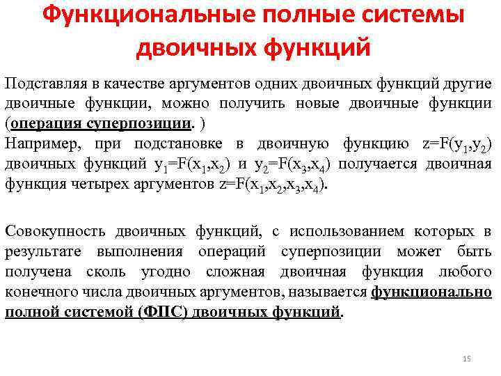 Функциональные полные системы двоичных функций Подставляя в качестве аргументов одних двоичных функций другие двоичные