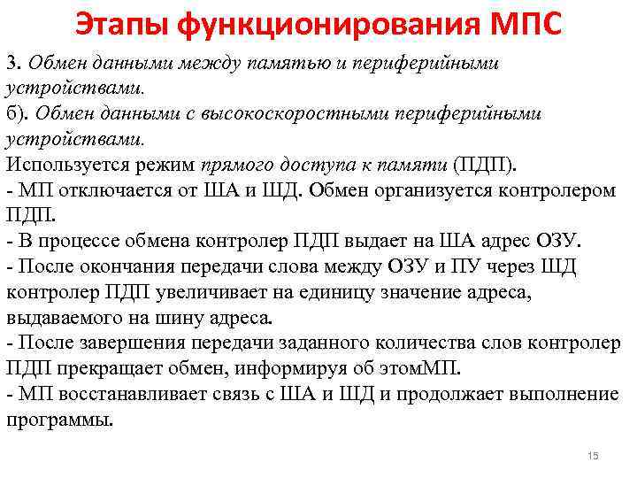 Этапы функционирования МПС 3. Обмен данными между памятью и периферийными устройствами. б). Обмен данными