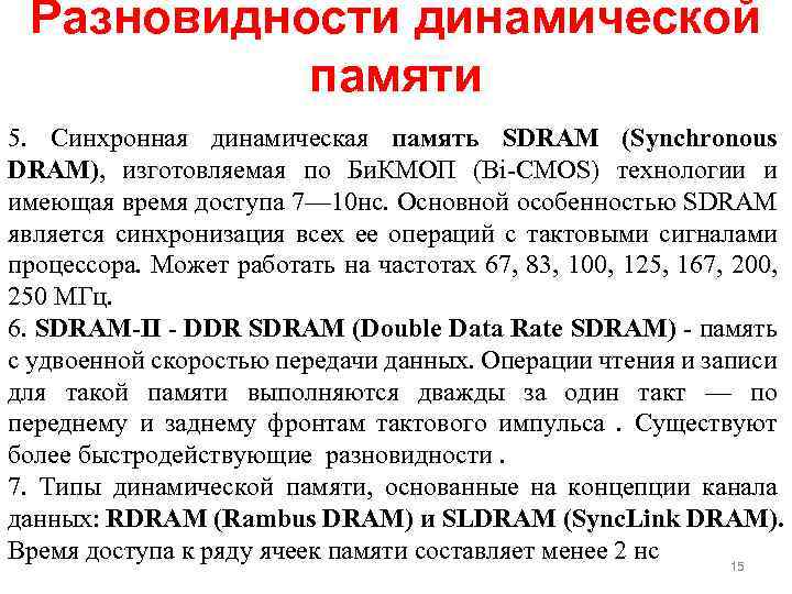 Разновидности динамической памяти 5. Синхронная динамическая память SDRAM (Synchronous DRAM), изготовляемая по Би. КМОП