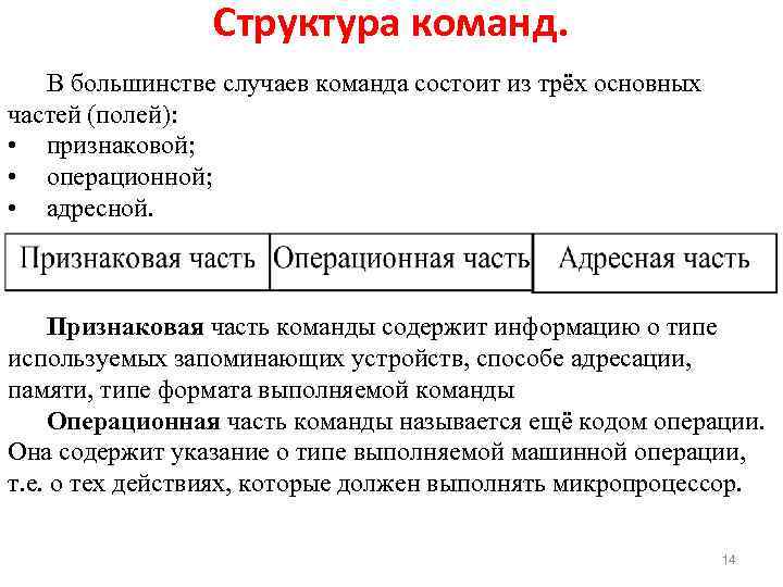 Структура команд. В большинстве случаев команда состоит из трёх основных частей (полей): • признаковой;