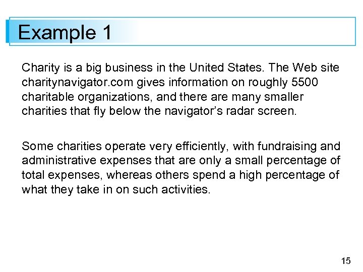 Example 1 Charity is a big business in the United States. The Web site