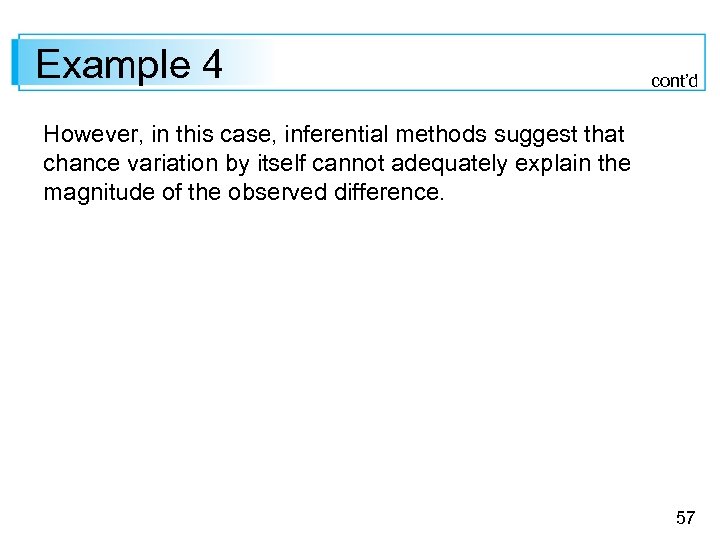 Example 4 cont’d However, in this case, inferential methods suggest that chance variation by
