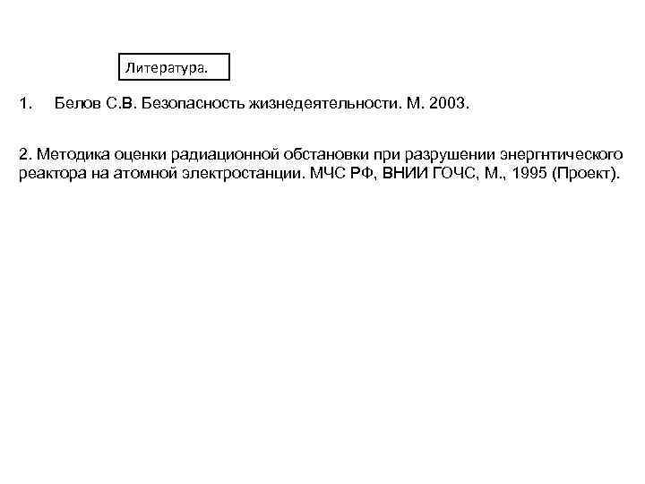 Литература. 1. Белов С. В. Безопасность жизнедеятельности. М. 2003. 2. Методика оценки радиационной обстановки