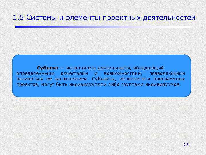 1. 5 Системы и элементы проектных деятельностей Субъект — исполнитель деятельности, обладающий определенными качествами