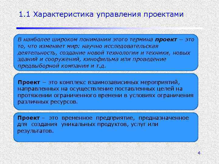 1. 1 Характеристика управления проектами В наиболее широком понимании этого термина проект − это