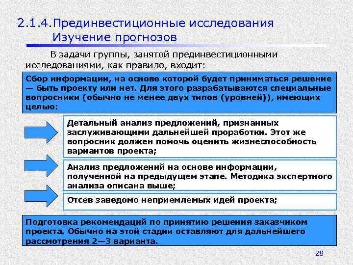 2. 1. 4. Прединвестиционные исследования Изучение прогнозов В задачи группы, занятой прединвестиционными исследованиями, как
