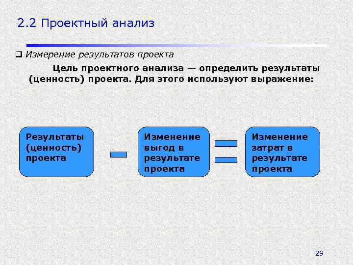 2. 2 Проектный анализ q Измерение результатов проекта Цель проектного анализа — определить результаты
