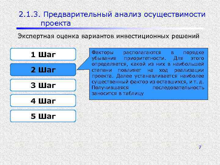 2. 1. 3. Предварительный анализ осуществимости проекта Экспертная оценка вариантов инвестиционных решений 1 Шаг