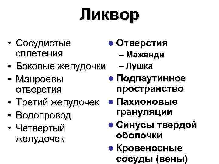 Ликвор • Сосудистые l Отверстия сплетения – Маженди • Боковые желудочки – Лушка l