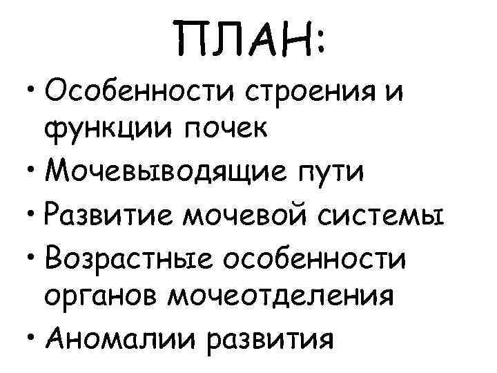 ПЛАН: • Особенности строения и функции почек • Мочевыводящие пути • Развитие мочевой системы